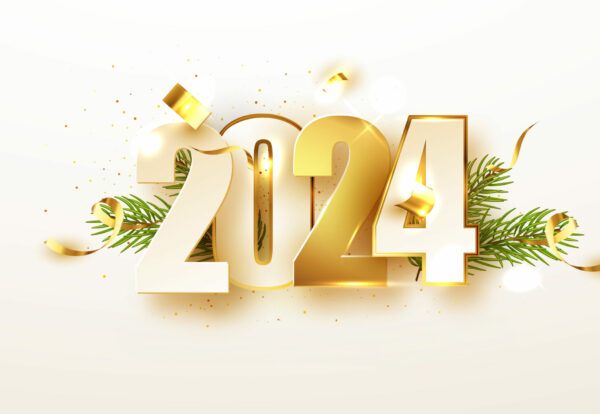 2024 golden decoration holiday on beige background. 2022 Happy New Year background. Vector illustration