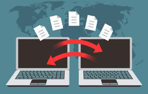 Information exchange between computers. File transfer, data management and backup files vector concept. Transfer document and file, technology backup illustration