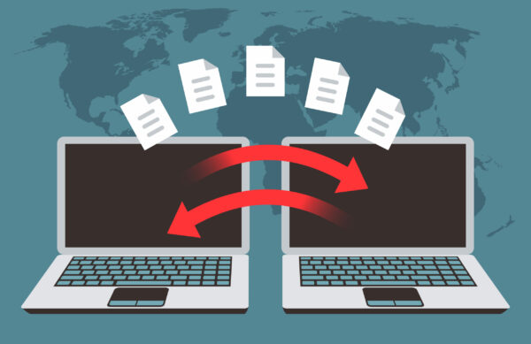 Information exchange between computers. File transfer, data management and backup files vector concept. Transfer document and file, technology backup illustration