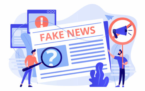 Fake news concept vector illustration False information broadcasting. Press, newspaper journalists, editors. Fake news, junk news content, disinformation in media concept. Pink coral blue vector isolated illustration