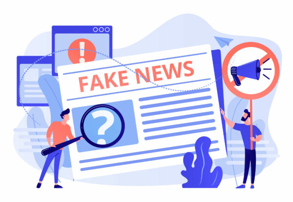 False information broadcasting. Press, newspaper journalists, editors. Fake news, junk news content, disinformation in media concept. Pink coral blue vector isolated illustration